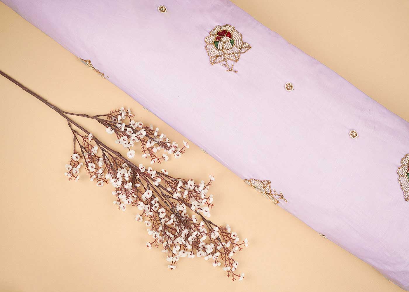 Lavender Cotton Fabric With All Over Floral Buti Of Katdana Work 22892