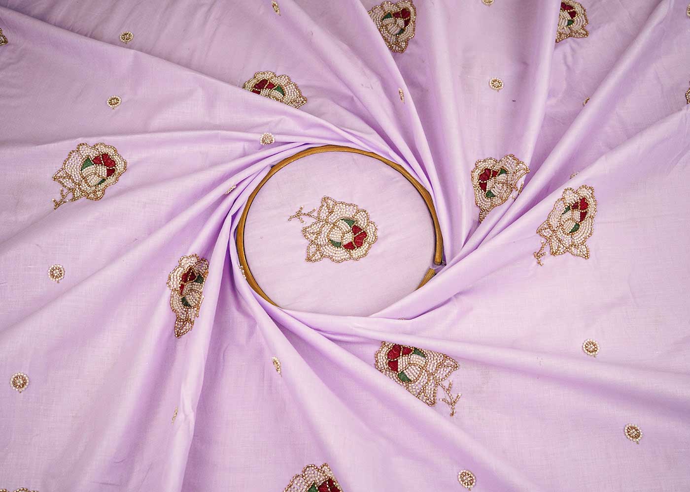 Lavender Cotton Fabric With All Over Floral Buti Of Katdana Work 22892