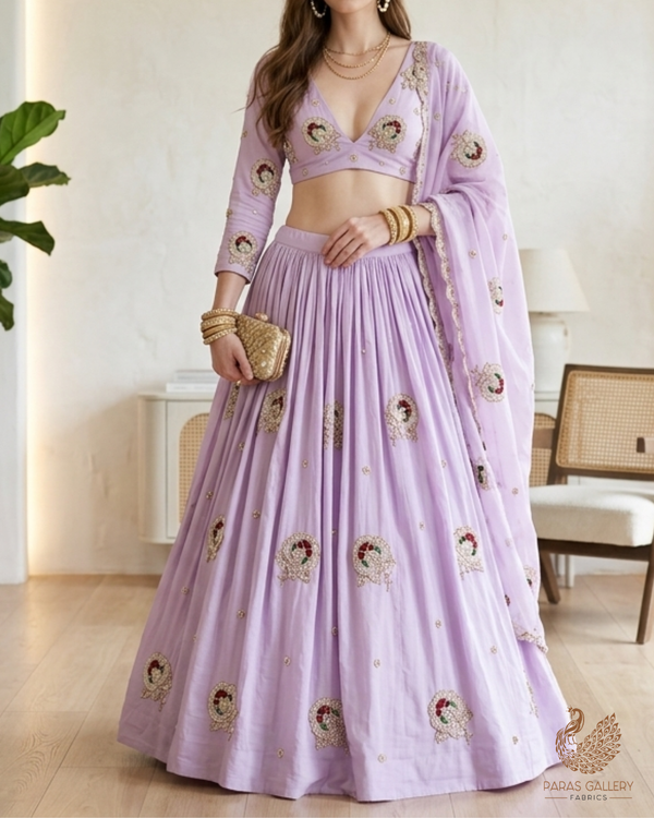Lavender Cotton Fabric With All Over Floral Buti Of Katdana Work 22892