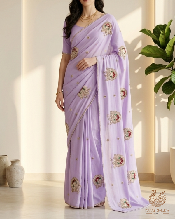 Lavender Cotton Fabric With All Over Floral Buti Of Katdana Work 22892