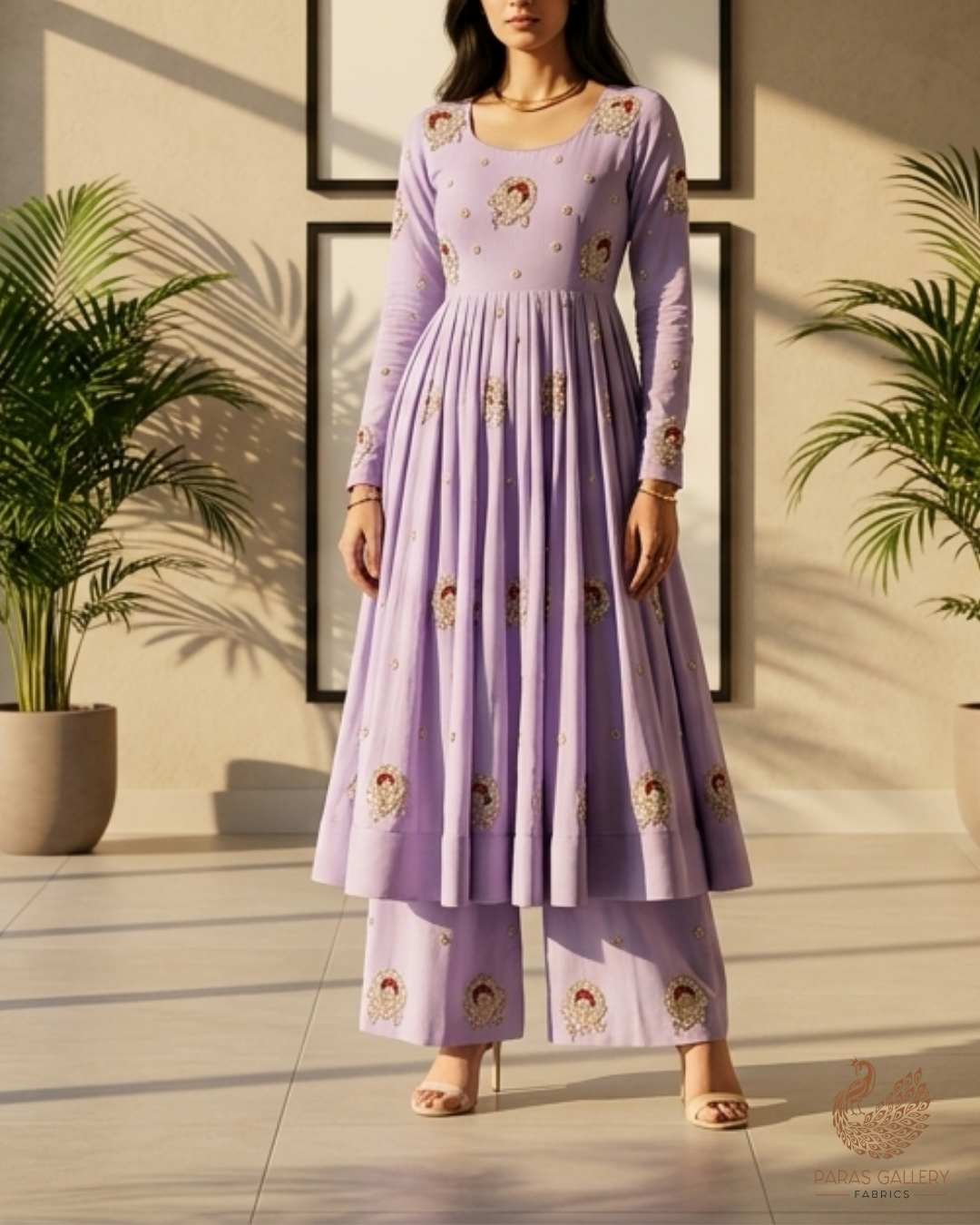 Lavender Cotton Fabric With All Over Floral Buti Of Katdana Work 22892