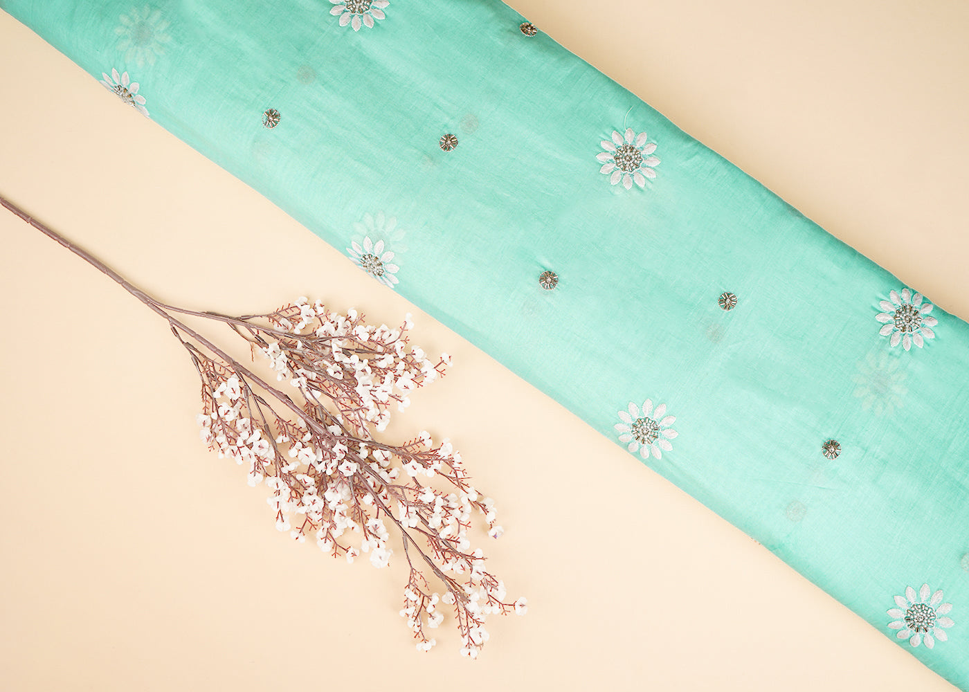 Aqua Green Muslin Fabric With All Over Katdana, Thread And Bead Work 22893