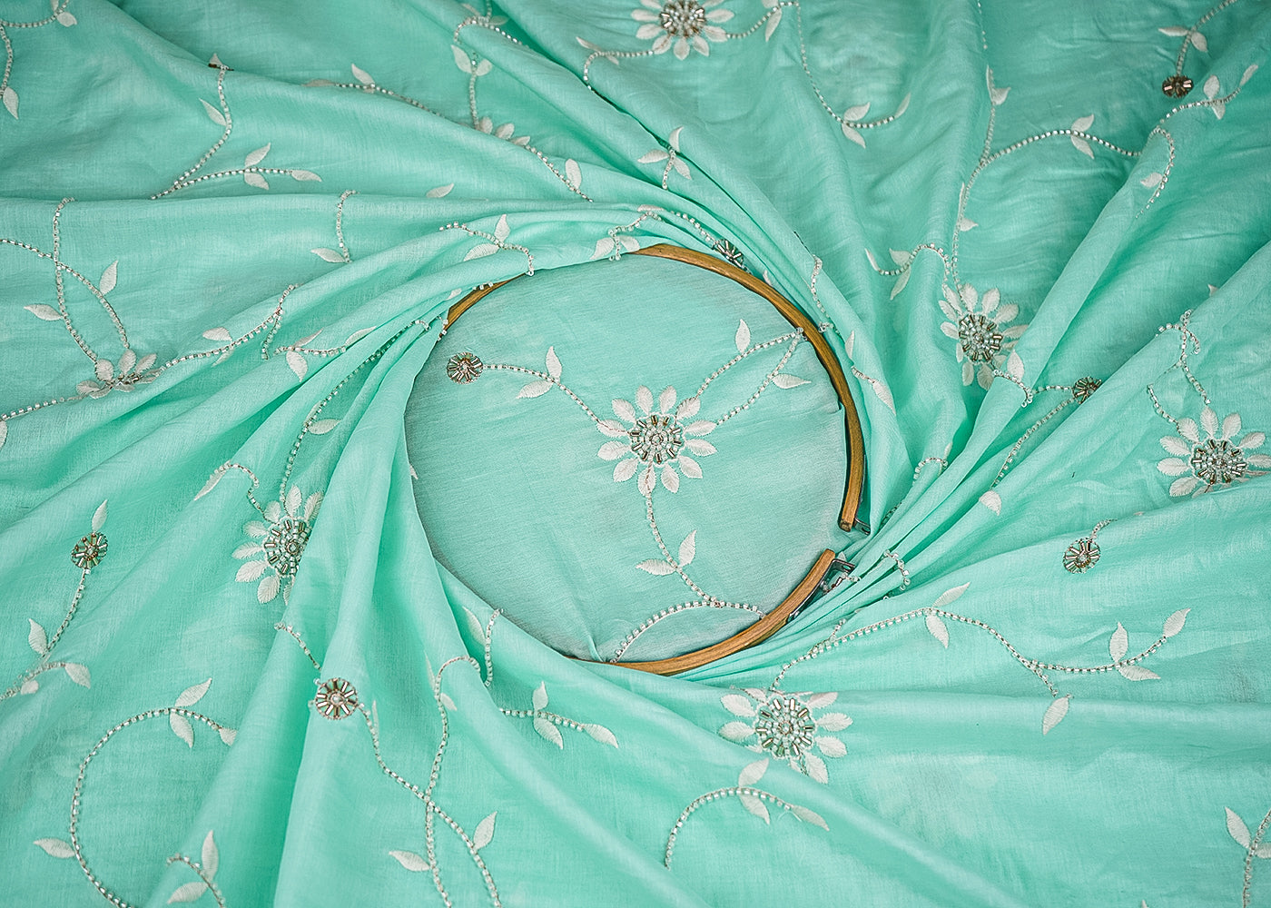 Aqua Green Muslin Fabric With All Over Katdana, Thread And Bead Work 22893