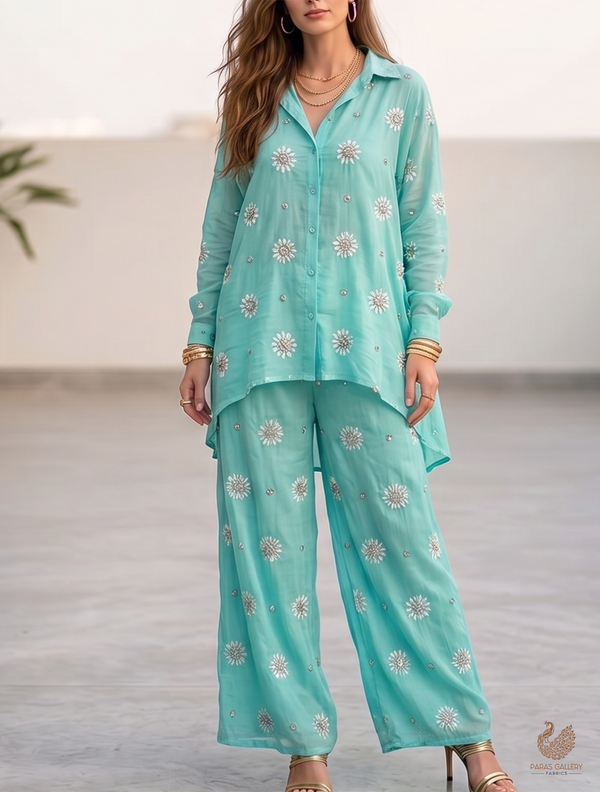 Aqua Green Muslin Fabric With All Over Katdana, Thread And Bead Work 22893