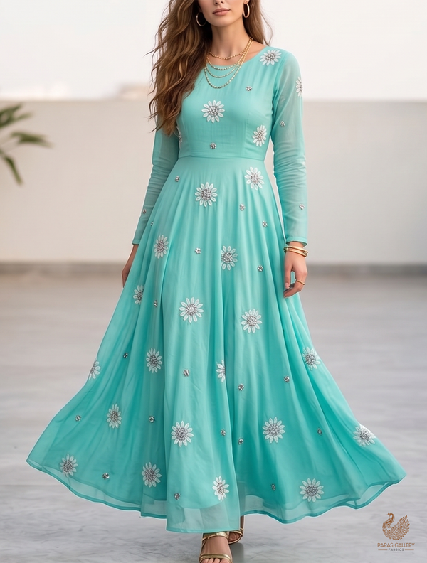 Aqua Green Muslin Fabric With All Over Katdana, Thread And Bead Work 22893