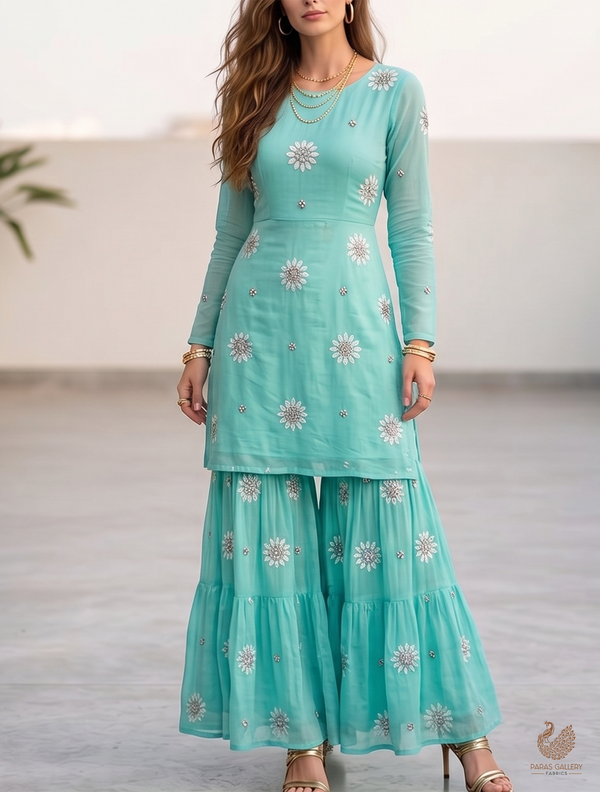 Aqua Green Muslin Fabric With All Over Katdana, Thread And Bead Work 22893