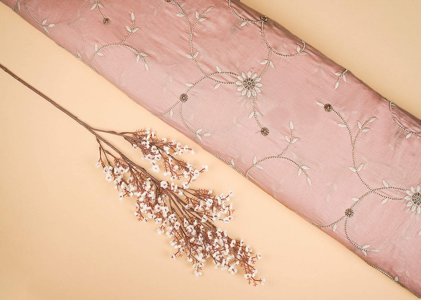 Light Peach Muslin Fabric With All Over Katdana, Thread And Bead Work 22894