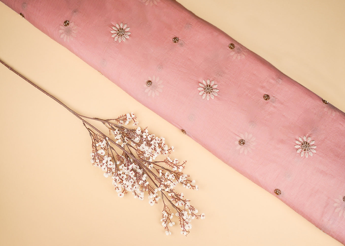 Light Peach Muslin Fabric With All Over Katdana, Thread And Bead Work 22894