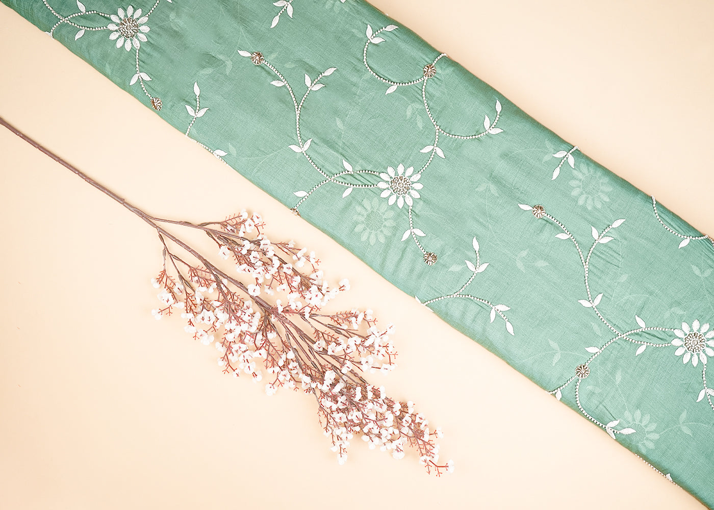 Sage Green Muslin Fabric With All Over Katdana, Thread And Bead Work 22895
