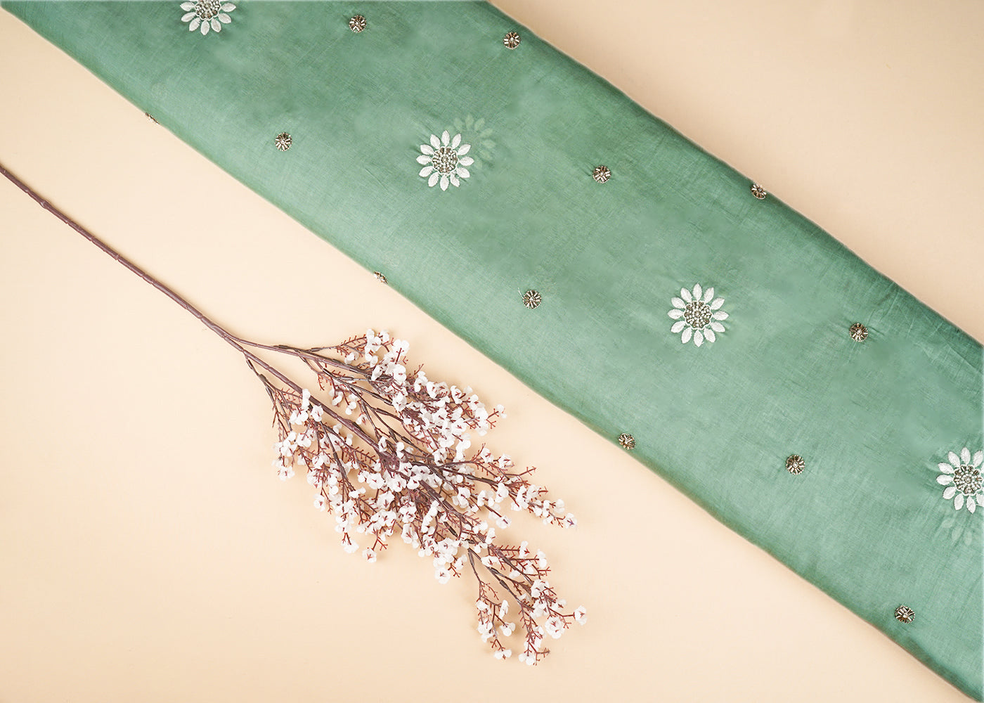 Sage Green Muslin Fabric With All Over Katdana, Thread And Bead Work 22895