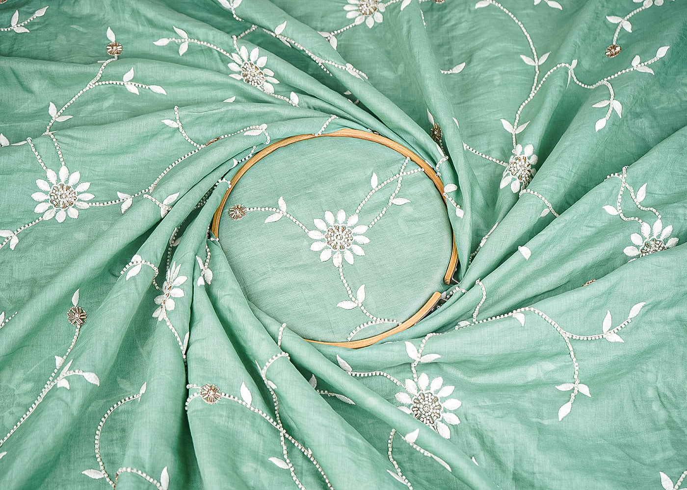 Sage Green Muslin Fabric With All Over Katdana, Thread And Bead Work 22895