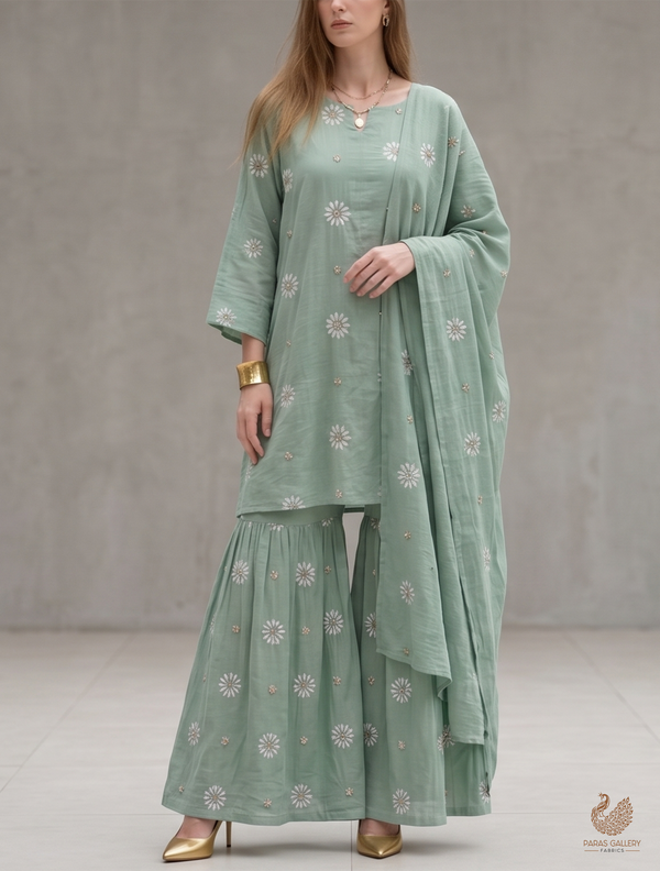 Sage Green Muslin Fabric With All Over Katdana, Thread And Bead Work 22895