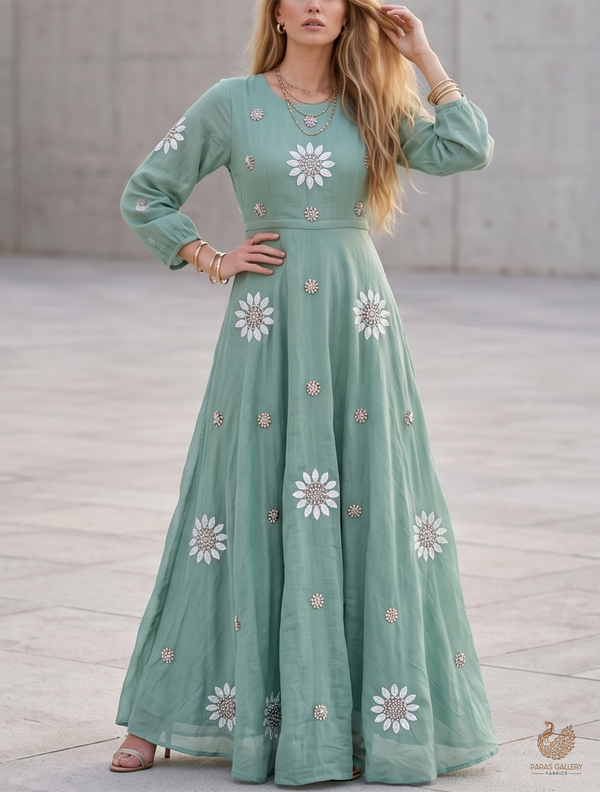 Sage Green Muslin Fabric With All Over Katdana, Thread And Bead Work 22895