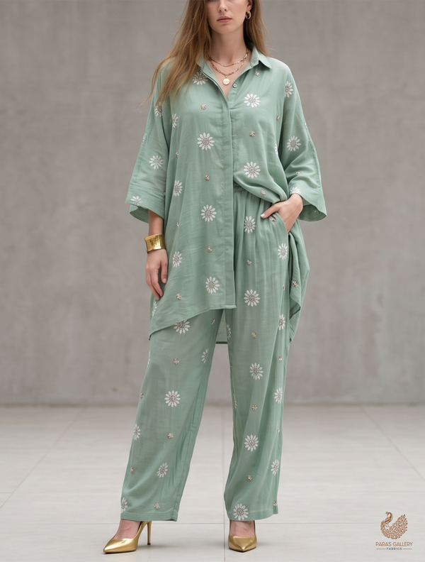 Sage Green Muslin Fabric With All Over Katdana, Thread And Bead Work 22895