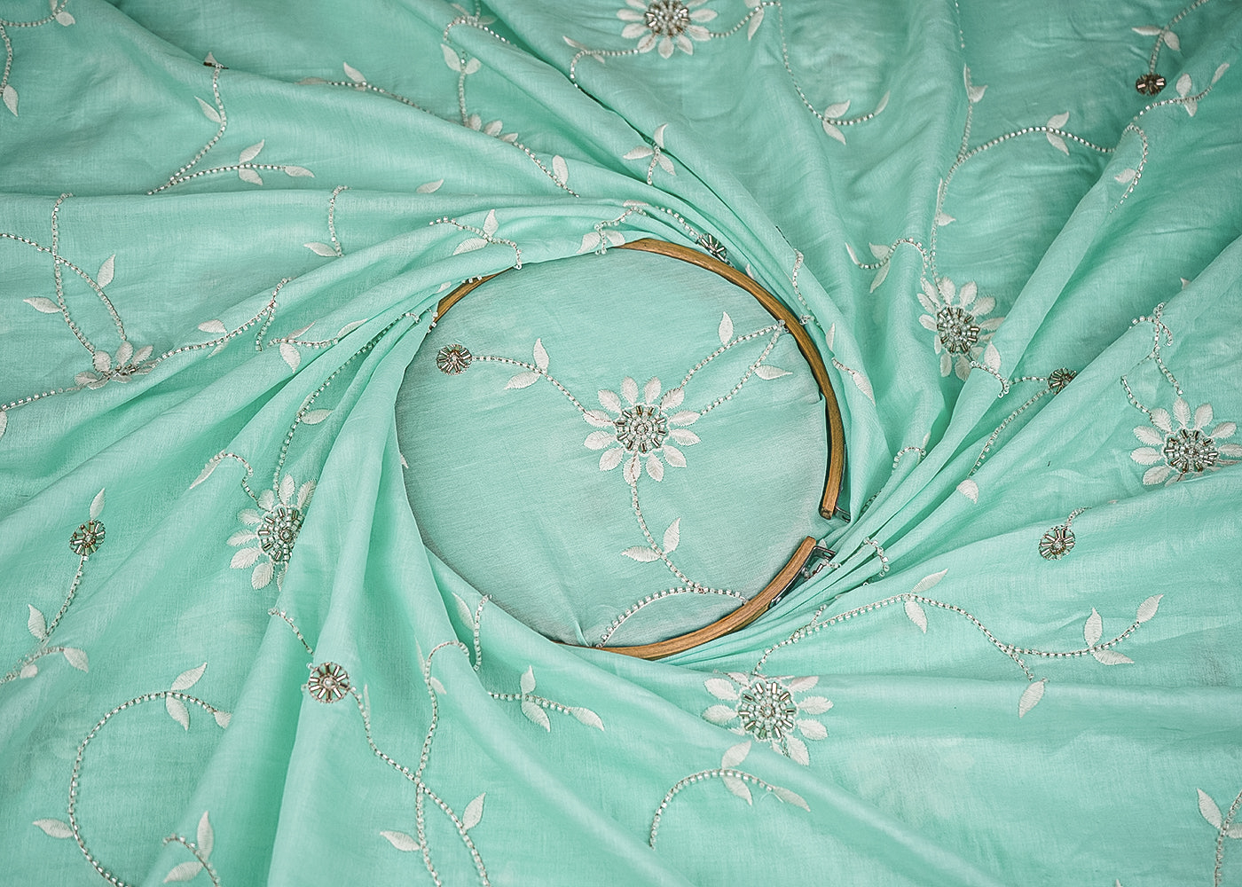 Aqua Green Muslin Fabric With All Over Katdana, Thread And Bead Work 22896