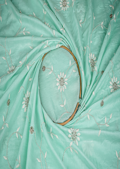 Aqua Green Muslin Fabric With All Over Katdana, Thread And Bead Work 22896