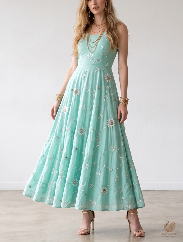 Aqua Green Muslin Fabric With All Over Katdana, Thread And Bead Work 22896