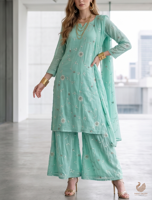 Aqua Green Muslin Fabric With All Over Katdana, Thread And Bead Work 22896