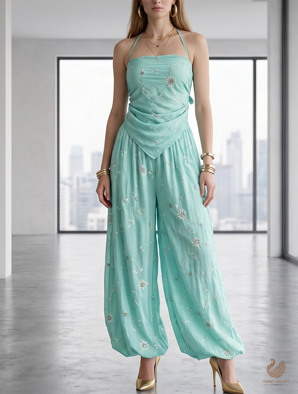 Aqua Green Muslin Fabric With All Over Katdana, Thread And Bead Work 22896
