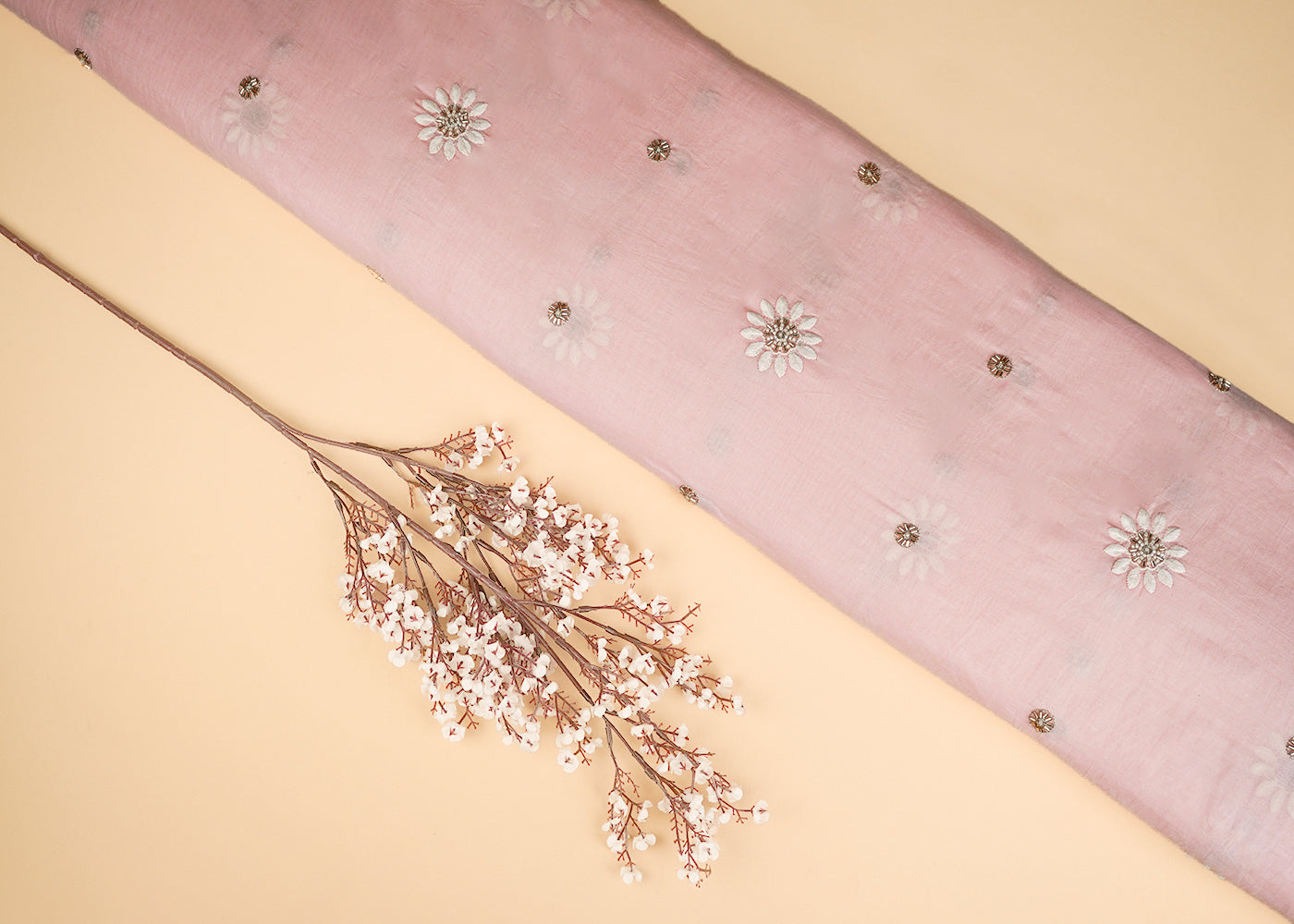 Light Peach Muslin Fabric With All Over Katdana, Thread And Bead Work 22897