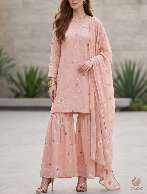 Light Peach Muslin Fabric With All Over Katdana, Thread And Bead Work 22897