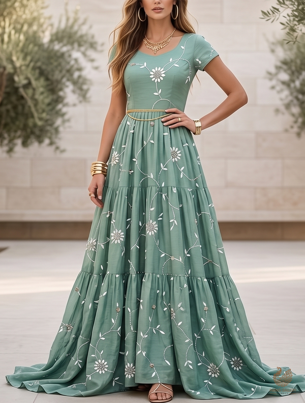 Green Muslin Fabric With All Over Katdana, Thread And Bead Work 22898