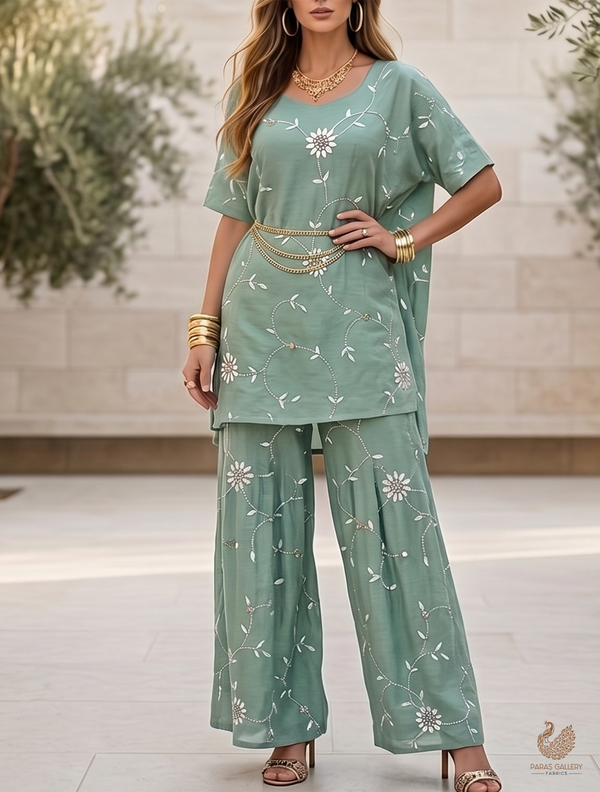 Green Muslin Fabric With All Over Katdana, Thread And Bead Work 22898