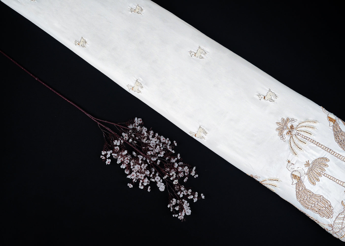 White Muslin Fabric With All Over Zari, Katdana, Bead, Sequins Work And One Side Peacock Motif Border 22905