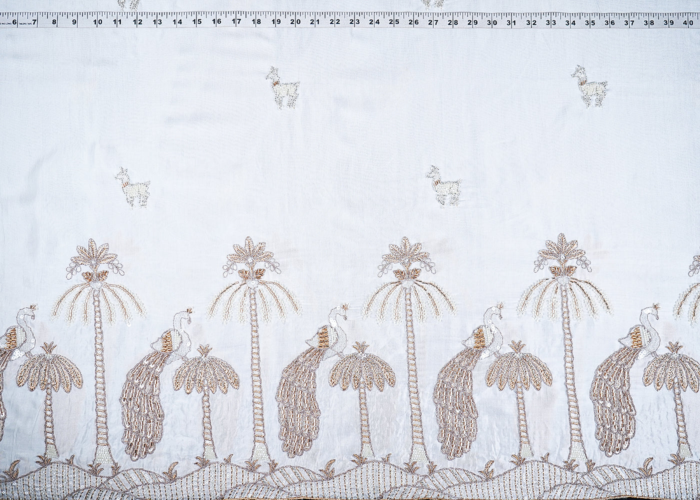 White-Dyeable-Muslin-Fabric-With-All-Over-Zari,-Katdana,-Bead,-Sequins-Work-And-One-Side-Peacock-Motif-Border-22905-measurement-view