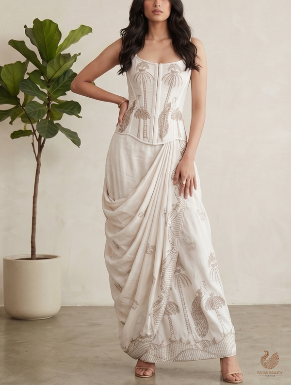 White Dyeable Muslin Fabric With All Over Zari, Katdana, Bead, Sequins Work And One Side Peacock Motif Border 22905