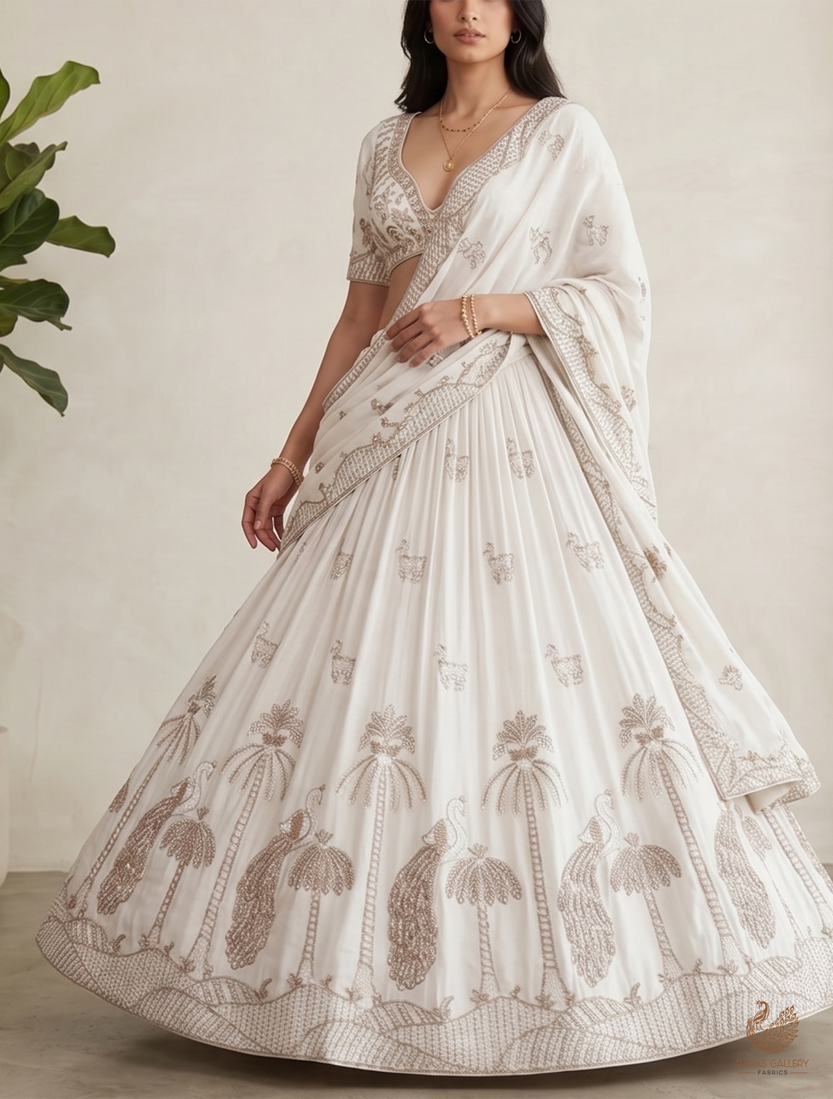 White Dyeable Muslin Fabric With All Over Zari, Katdana, Bead, Sequins Work And One Side Peacock Motif Border 22905