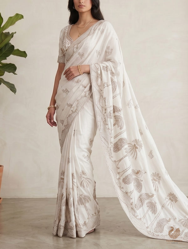 White Dyeable Muslin Fabric With All Over Zari, Katdana, Bead, Sequins Work And One Side Peacock Motif Border 22905