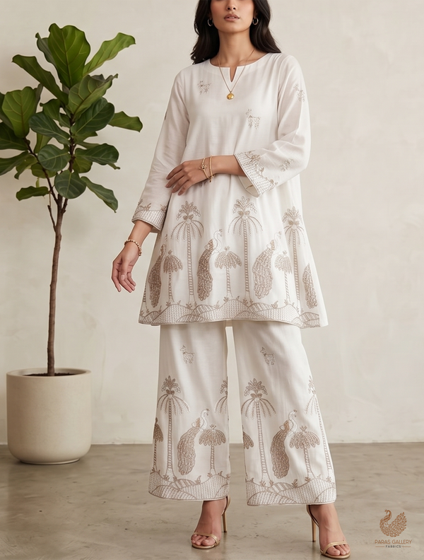 White Dyeable Muslin Fabric With All Over Zari, Katdana, Bead, Sequins Work And One Side Peacock Motif Border 22905