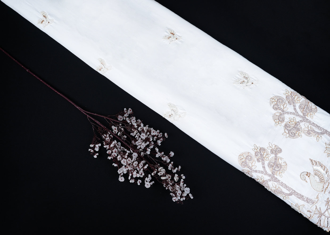 White Muslin Fabric With All Over Zari, Katdana, Bead, Sequins Work And One Side Duck Motif Border 22906