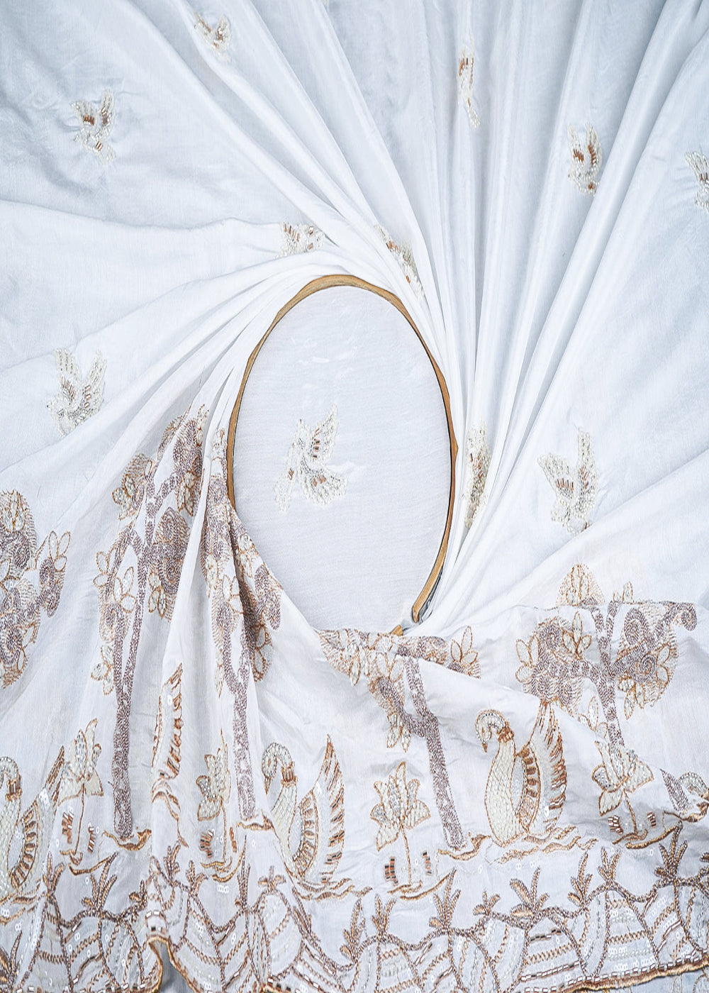 White-Dyeable-Muslin-Fabric-With-All-Over-Zari,-Katdana,-Bead,-Sequins-Work-And-One-Side-Duck-Motif-Border-22906-close-view