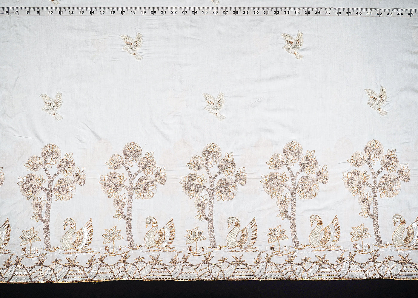 White-Dyeable-Muslin-Fabric-With-All-Over-Zari,-Katdana,-Bead,-Sequins-Work-And-One-Side-Duck-Motif-Border-22906-measurement-view