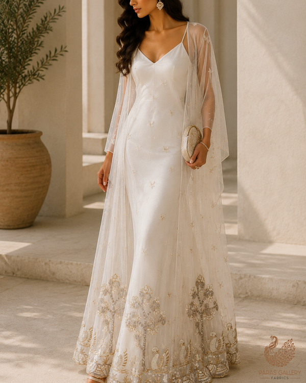 White Dyeable Muslin Fabric With All Over Zari, Katdana, Bead, Sequins Work And One Side Duck Motif Border 22906