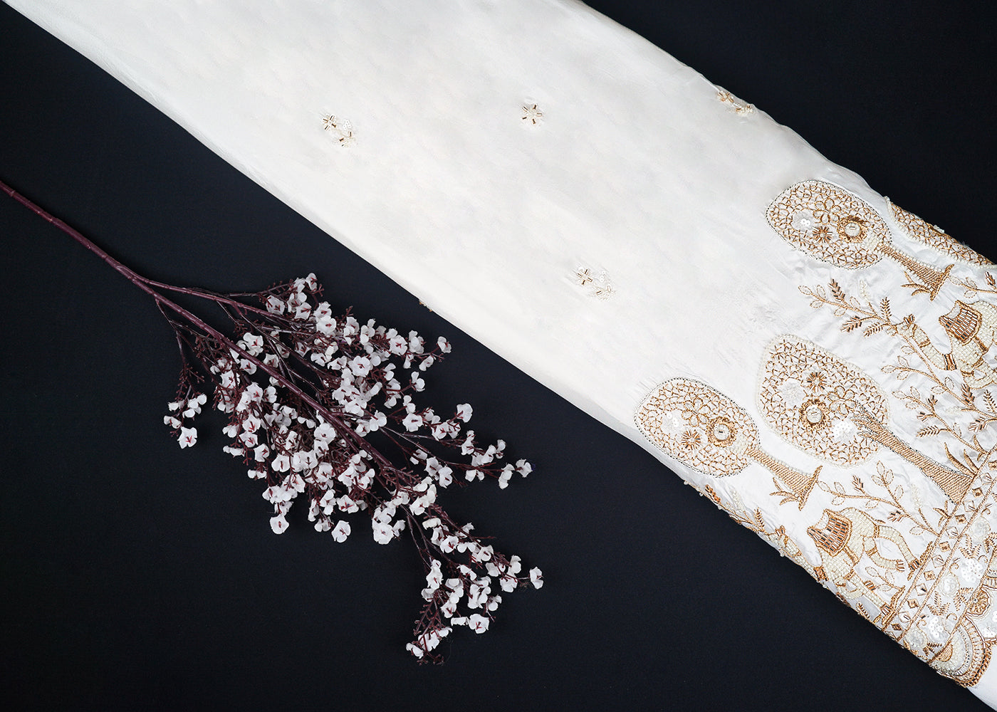 White Organza Fabric With All Over Zari, Katdana, Bead, Sequins Work And One Side Border 22907