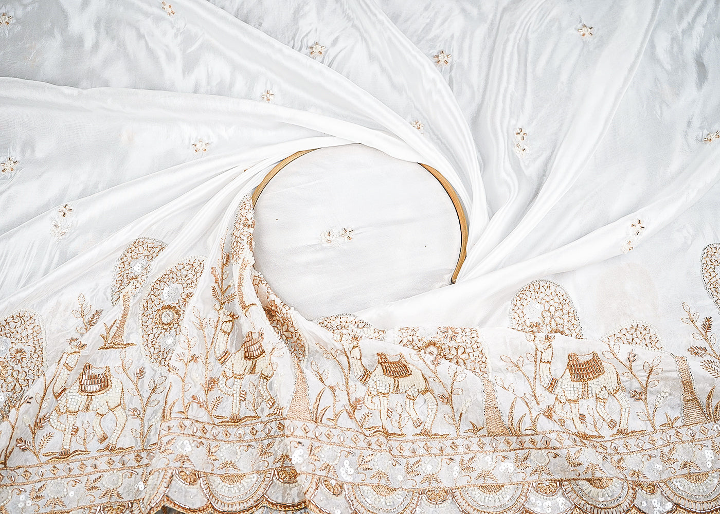 White Organza Fabric With All Over Zari, Katdana, Bead, Sequins Work And One Side Border 22907
