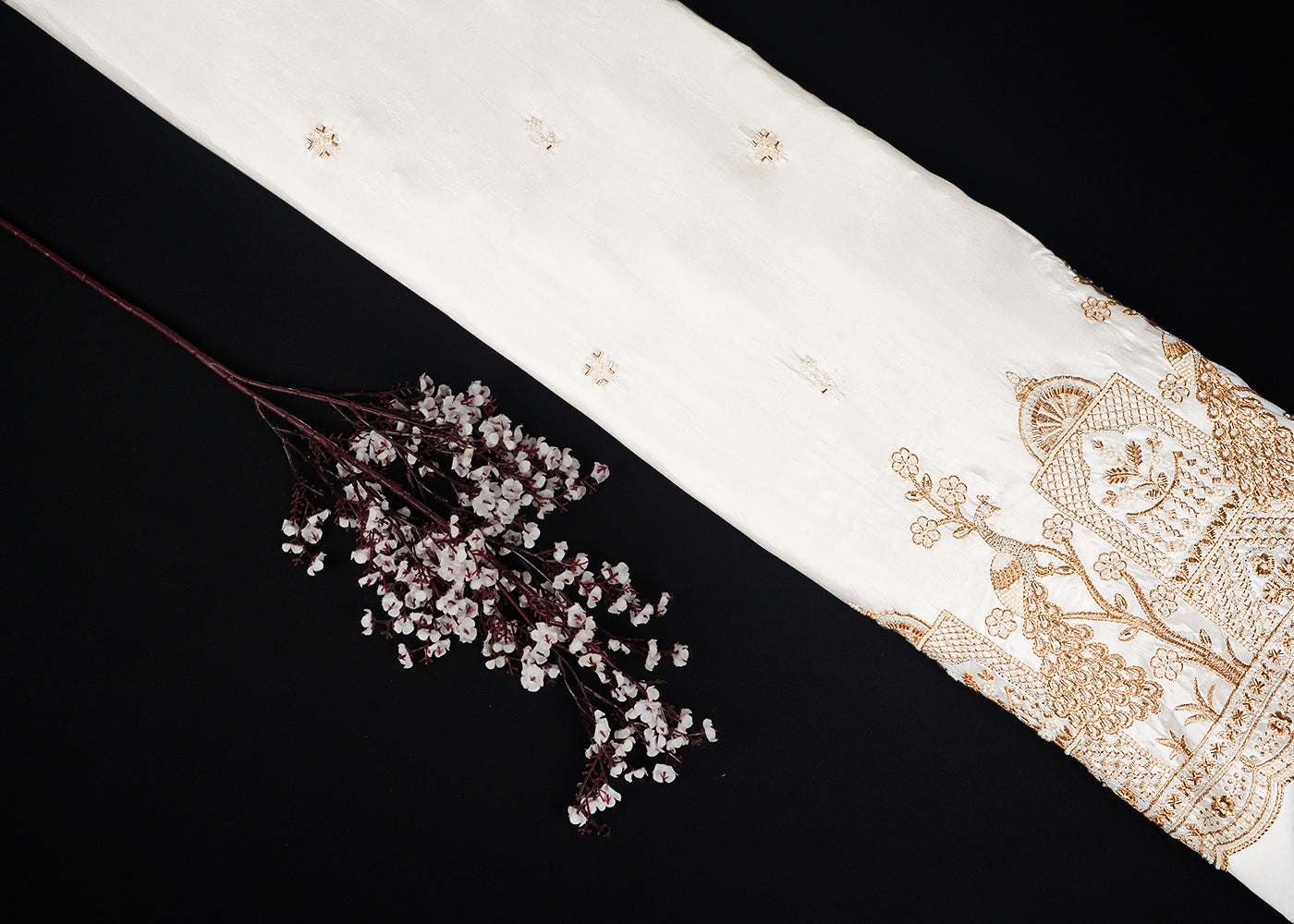 White Organza Fabric With All Over Zari, Katdana, Bead, Sequins Work And One Side Border 22908