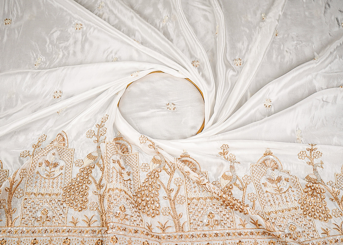 White Organza Fabric With All Over Zari, Katdana, Bead, Sequins Work And One Side Border 22908