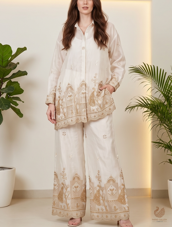 White Dyeable Organza Fabric With All Over Zari, Katdana, Bead, Sequins Work And One Side Border 22908