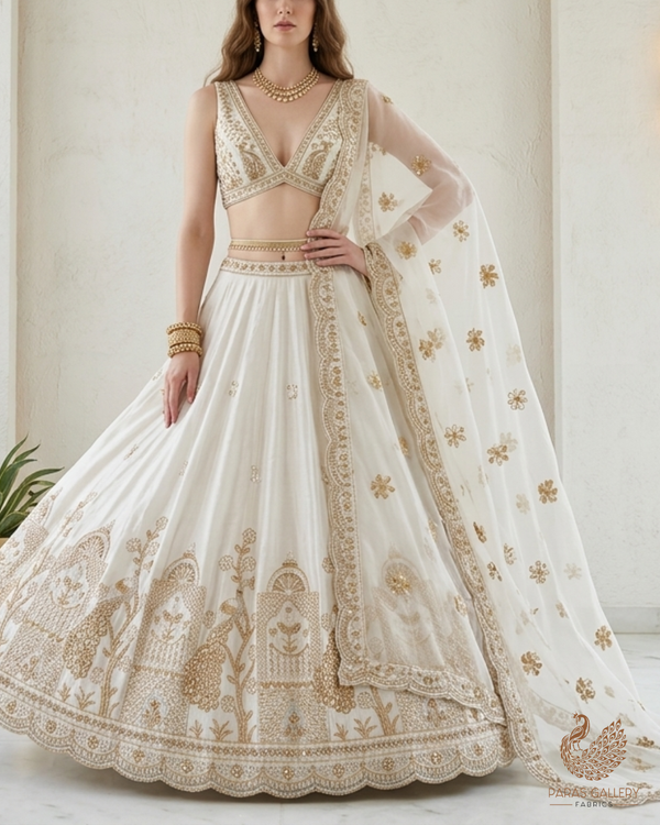 White Dyeable Organza Fabric With All Over Zari, Katdana, Bead, Sequins Work And One Side Border 22908