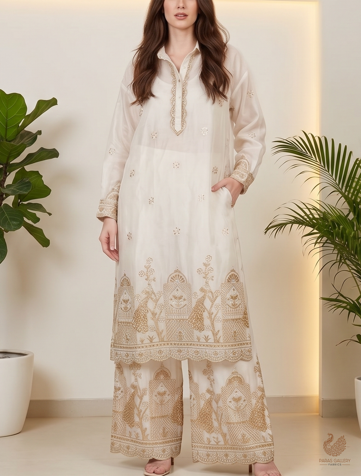 White Dyeable Organza Fabric With All Over Zari, Katdana, Bead, Sequins Work And One Side Border 22908
