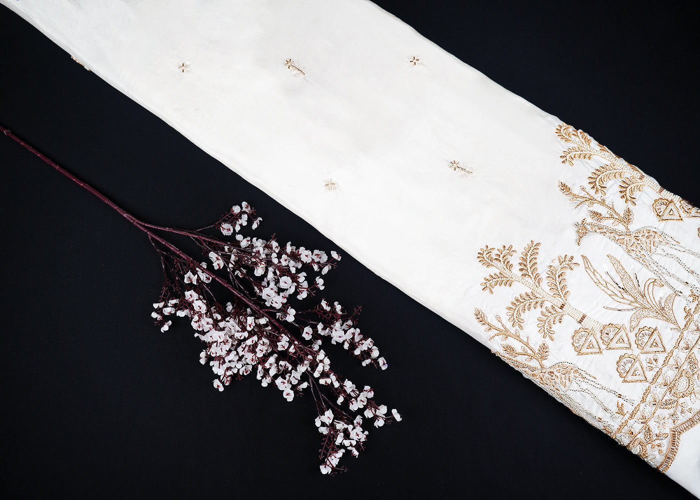 White Organza Fabric With All Over Zari, Katdana, Bead, Sequins Work And One Side Border 22909