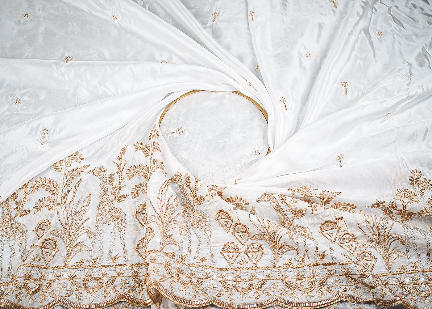 White Organza Fabric With All Over Zari, Katdana, Bead, Sequins Work And One Side Border 22909