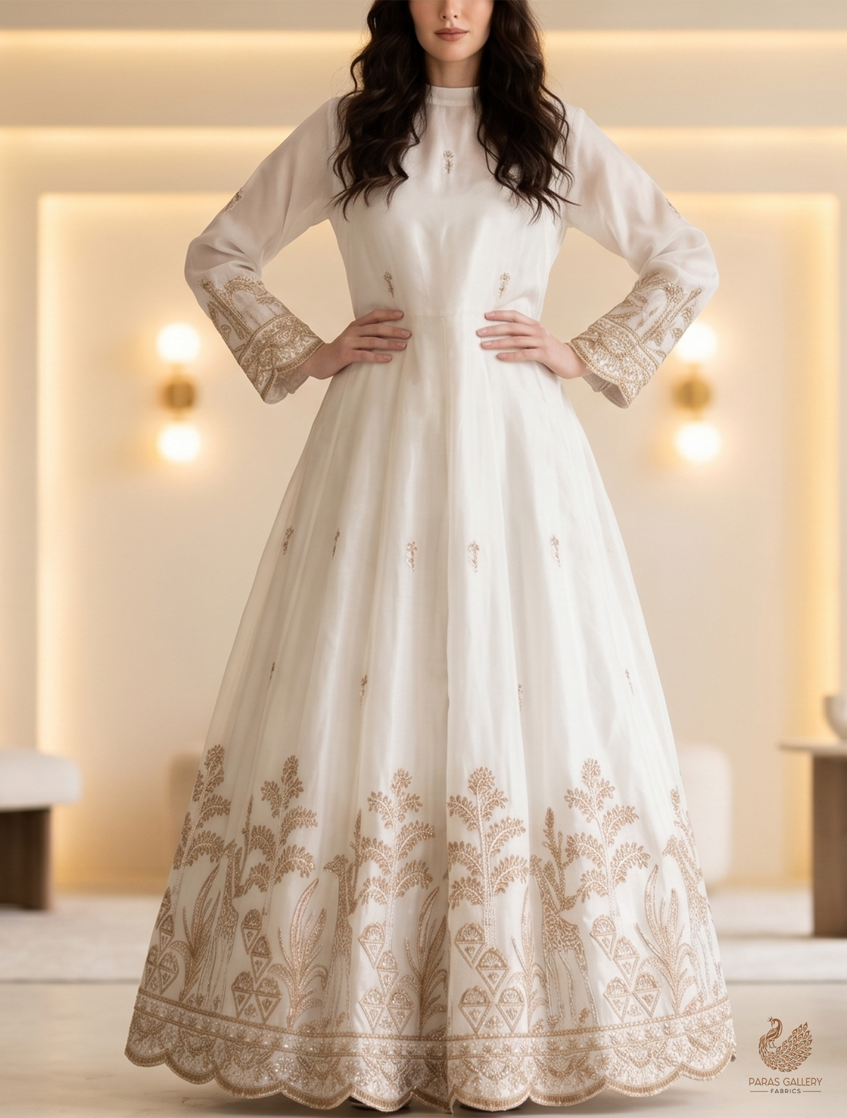 White Dyeable Organza Fabric With All Over Zari, Katdana, Bead, Sequins Work And One Side Border 22909