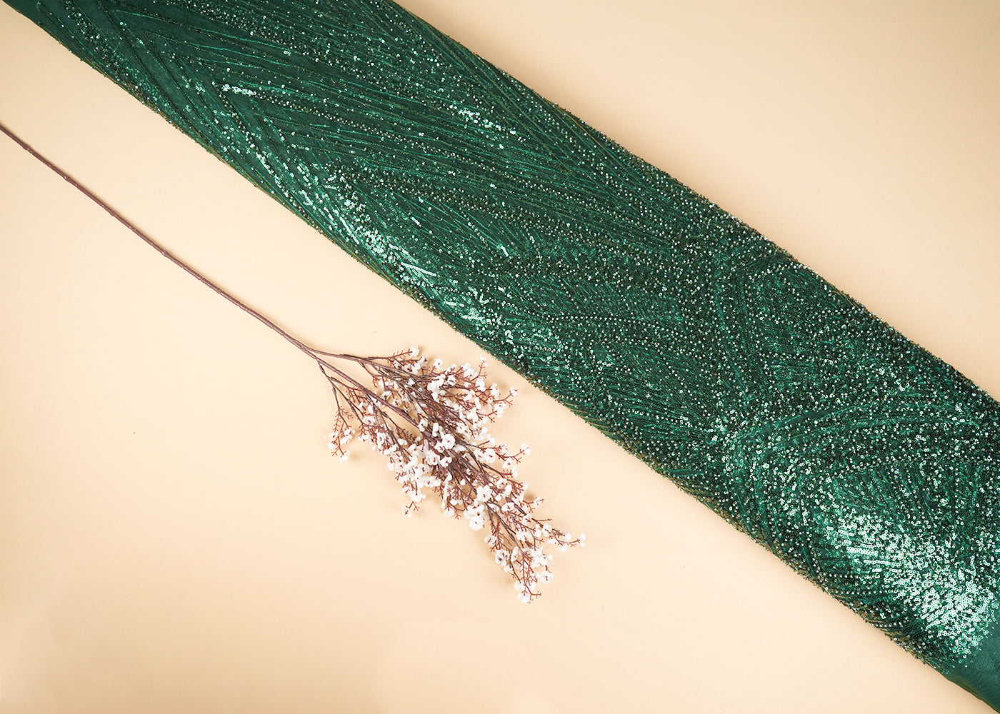 Bottle Green Net Fabric With All Over Sequins And Bead Work With One Side Scalloped Border 22910