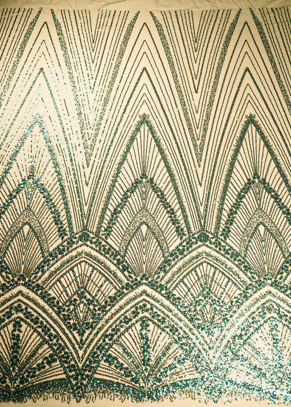 Bottle Green Net Fabric With All Over Sequins And Bead Work With One Side Scalloped Border 22910