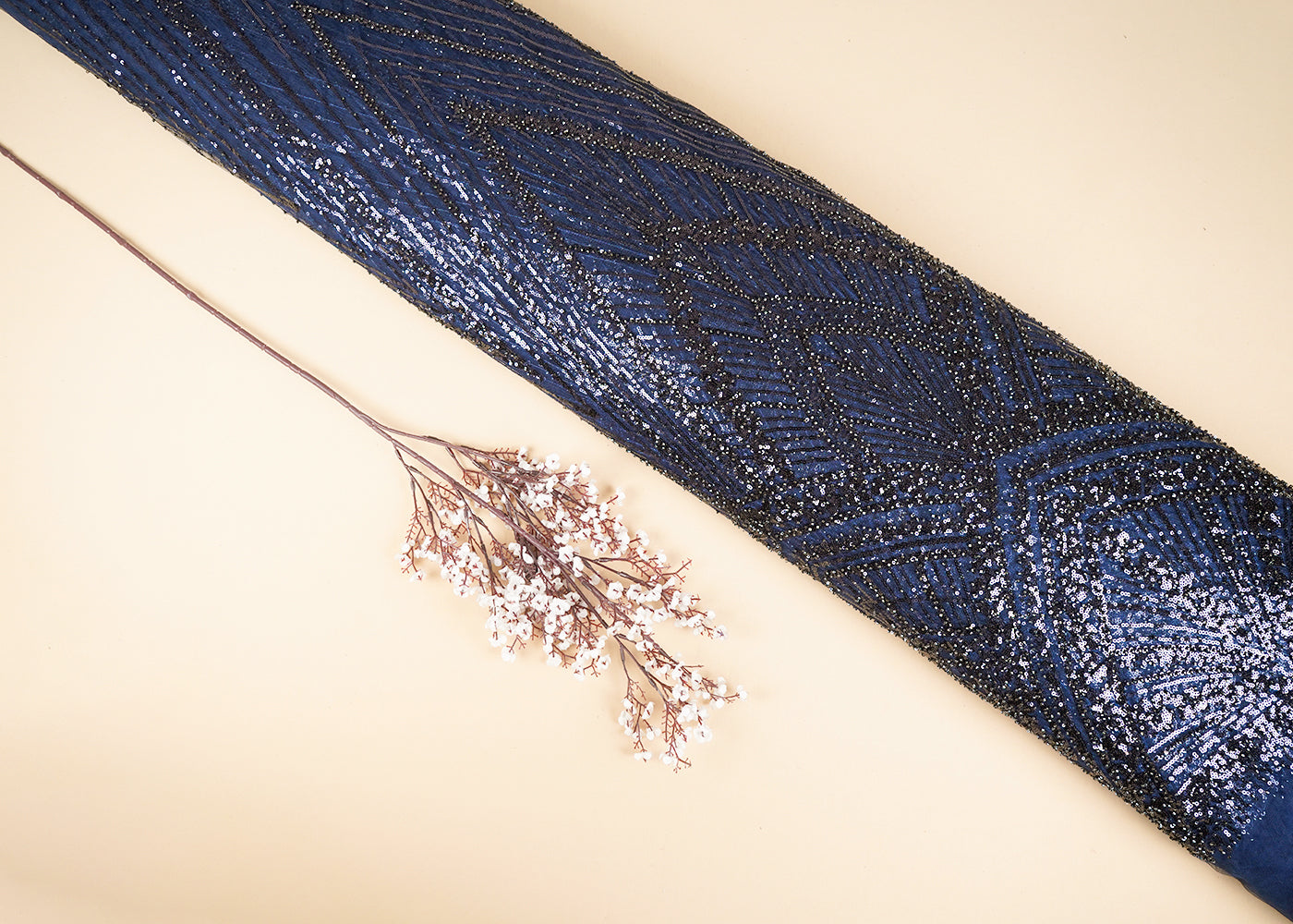 Navy Blue Net Fabric With All Over Sequins And Bead Work With One Side Scalloped Border 22911